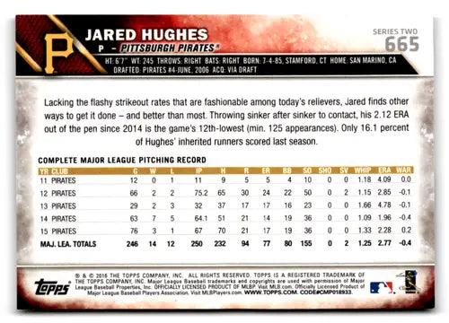 Original gloss 2016 Topps #665B Jared Hughes Pirates baseball card image