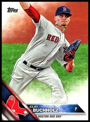 Original gloss Clay Buchholz baseball card featuring Red Sox player from 2016 Topps