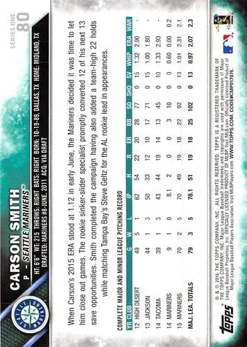 Original gloss Carson Smith 2016 Topps baseball card NM-MT Mariners image