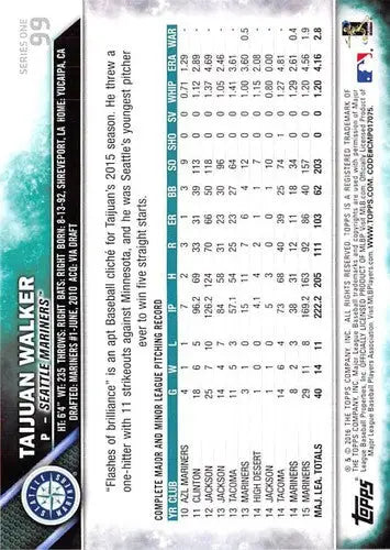 Taijuan Walker baseball card with original gloss from 2016 Topps NM-MT Mariners
