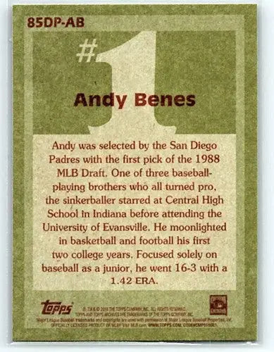 Andy Benes baseball card from 2016 Topps Archives 1985 Topps draft pick series