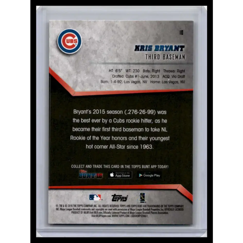 2016 Topps Bunt #10 Kris Bryant NM-MT Chicago Cubs Baseball Card - Baseball Card Single