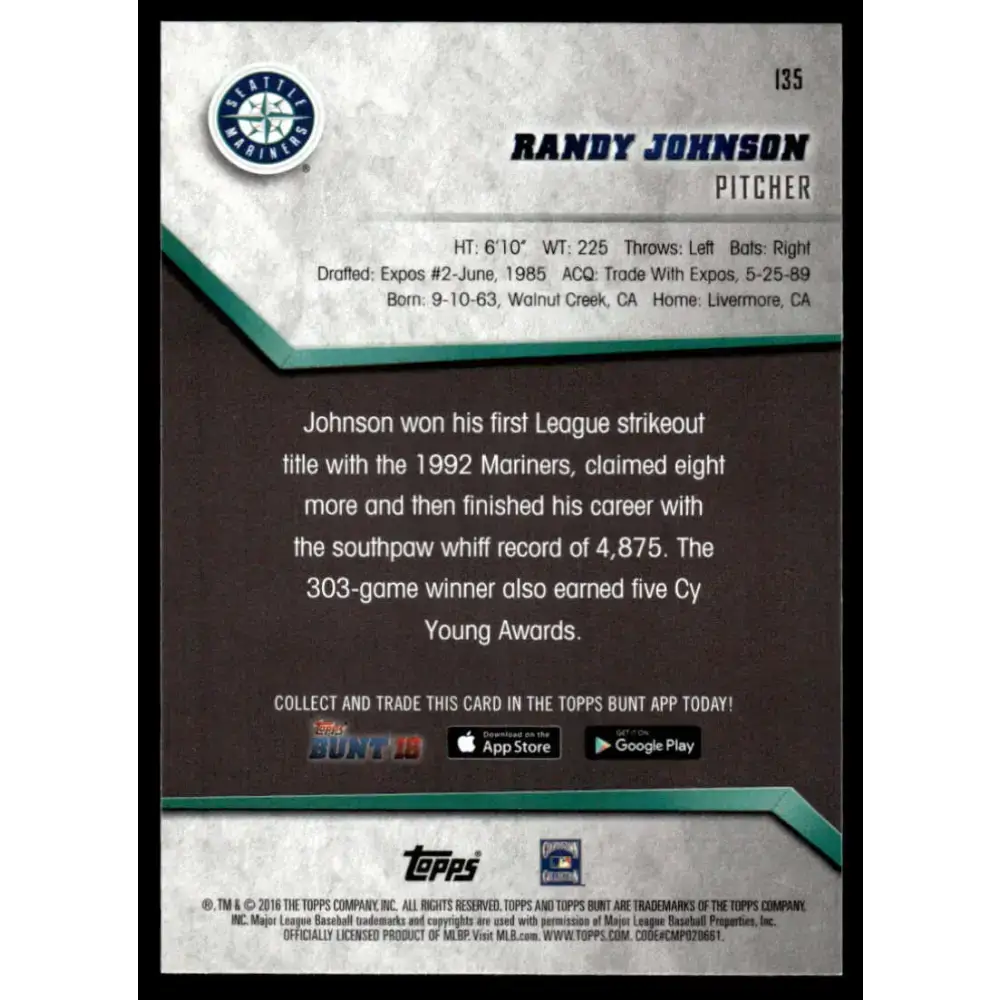 2016 Topps Bunt #135 Randy Johnson EX/NM Seattle Mariners Baseball Card - Baseball Card Single