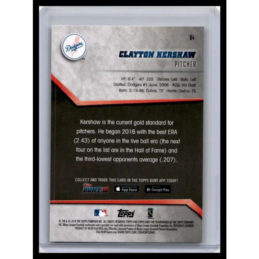 2016 Topps Bunt #84 Clayton Kershaw NM-MT Los Angeles Dodgers Baseball Card - Baseball Card Single