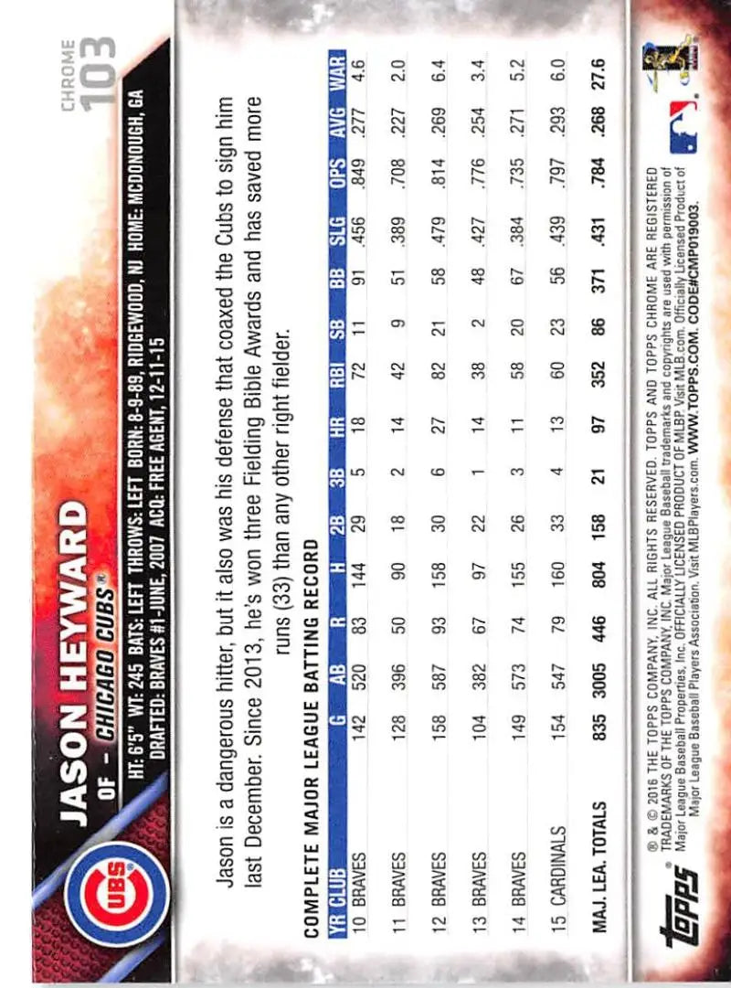 2016 Topps Chrome #103 Jason Heyward EX Excellent Chicago Cubs Baseball Card - Baseball Card Single