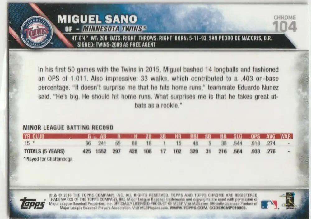 2016 Topps Chrome #104 Miguel Sano EX Excellent RC Rookie Minnesota Twins Baseball Card - Baseball Card Single