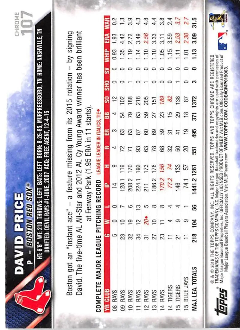 2016 Topps Chrome #107 David Price NM-MT Boston Red Sox Baseball Card - Baseball Card Single