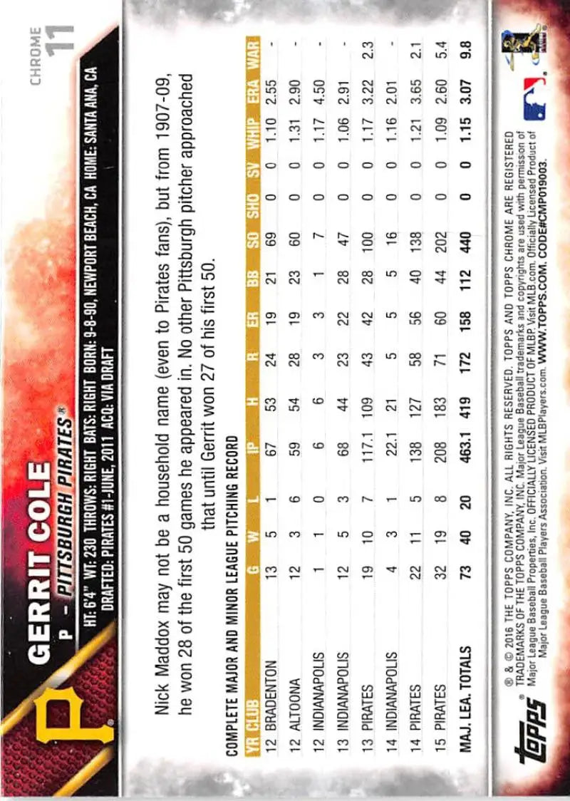 2016 Topps Chrome #11 Gerrit Cole EX Excellent Pittsburgh Pirates Baseball Card - Baseball Card Single