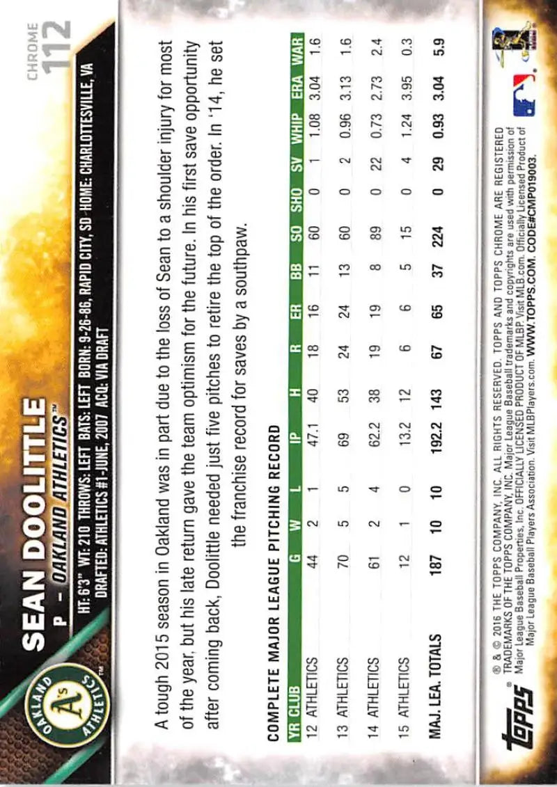 2016 Topps Chrome #112 Sean Doolittle EX Excellent Oakland Athletics Baseball Card - Baseball Card Single