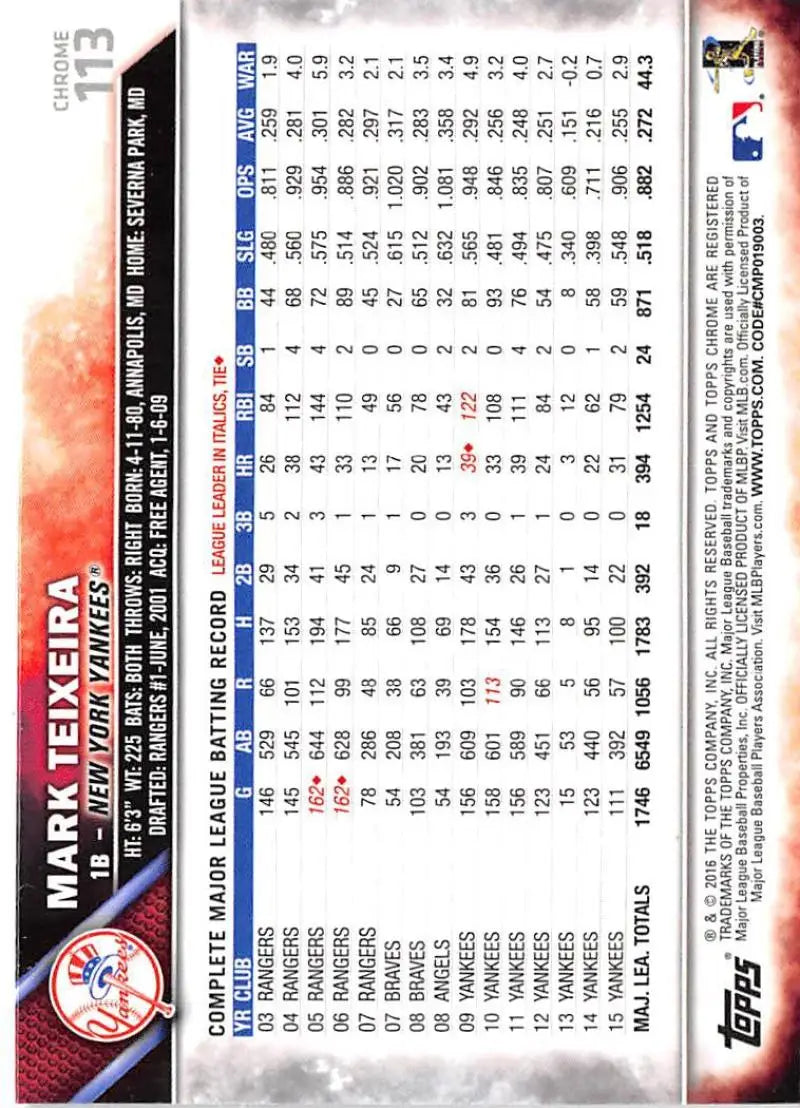2016 Topps Chrome #113 Mark Teixeira NM-MT New York Yankees Baseball Card - Baseball Card Single