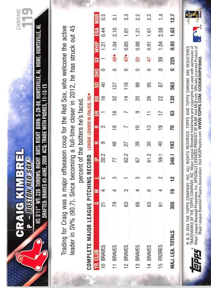 2016 Topps Chrome #119 Craig Kimbrel NM-MT Boston Red Sox Baseball Card - Baseball Card Single