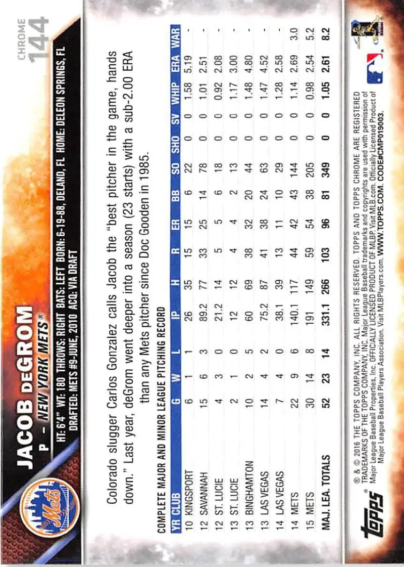 2016 Topps Chrome #144 Jacob deGrom NM-MT New York Mets Baseball Card - Baseball Card Single