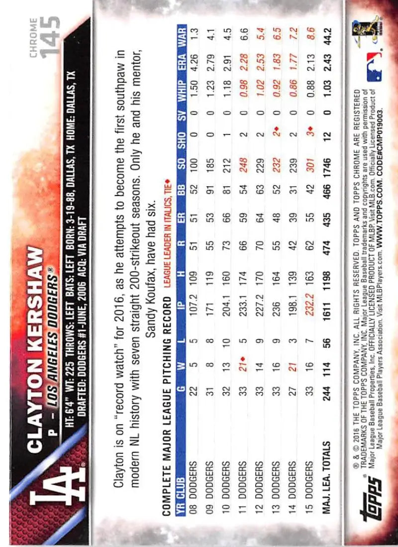 2016 Topps Chrome #145 Clayton Kershaw NM-MT Los Angeles Dodgers Baseball Card - Baseball Card Single