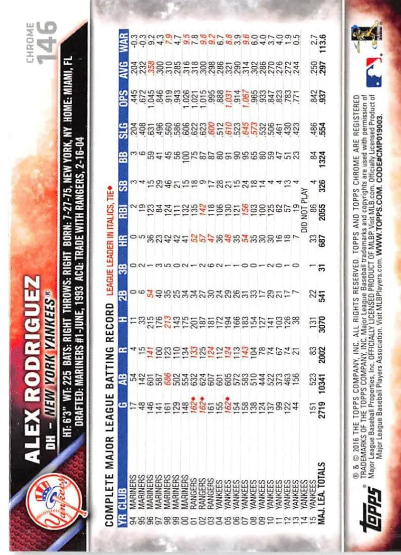 2016 Topps Chrome #146 Alex Rodriguez NM-MT New York Yankees Baseball Card - Baseball Card Single