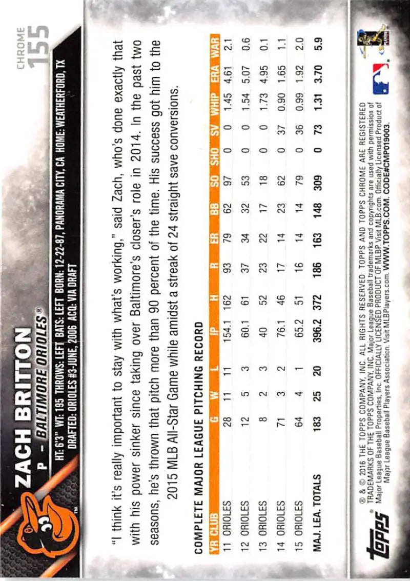 2016 Topps Chrome #155 Zach Britton NM-MT Baltimore Orioles Baseball Card - Baseball Card Single