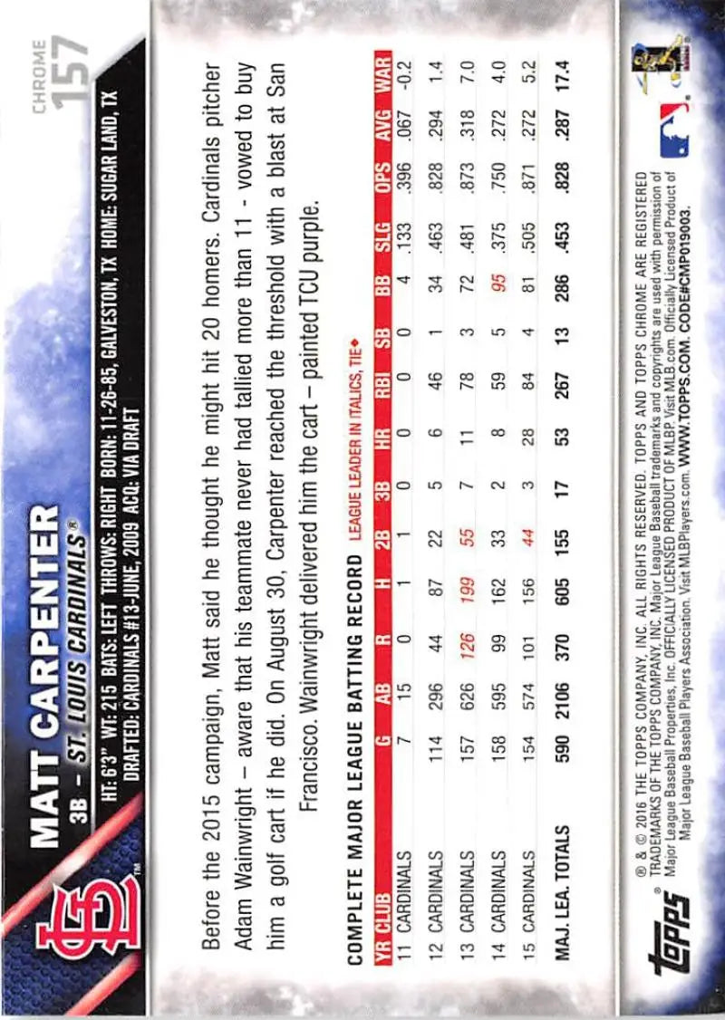 2016 Topps Chrome #157 Matt Carpenter NM-MT St. Louis Cardinals Baseball Card - Baseball Card Single