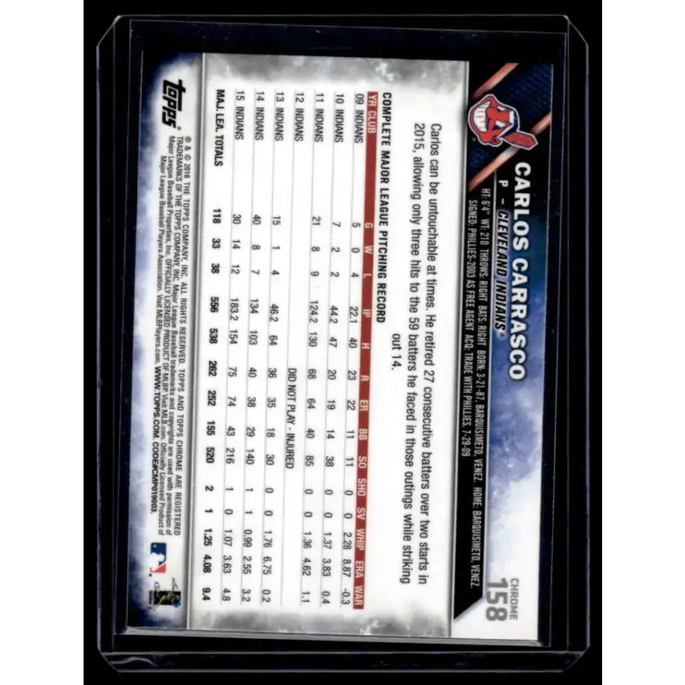 2016 Topps Chrome #158 Carlos Carrasco NM-MT Cleveland Indians Baseball Card - Baseball Card Single