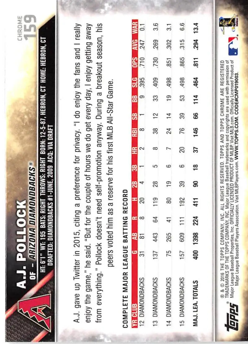 2016 Topps Chrome #159 A.J. Pollock NM-MT Arizona Diamondbacks Baseball Card - Baseball Card Single