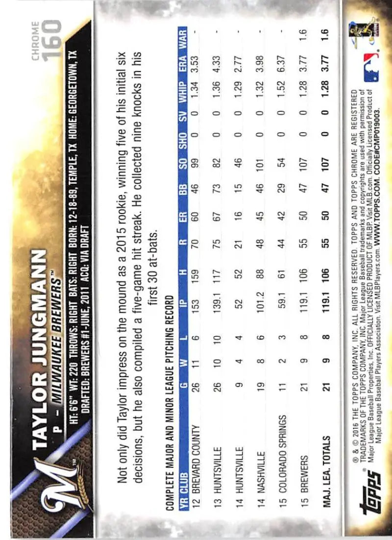 2016 Topps Chrome #160 Taylor Jungmann NM-MT Milwaukee Brewers Baseball Card