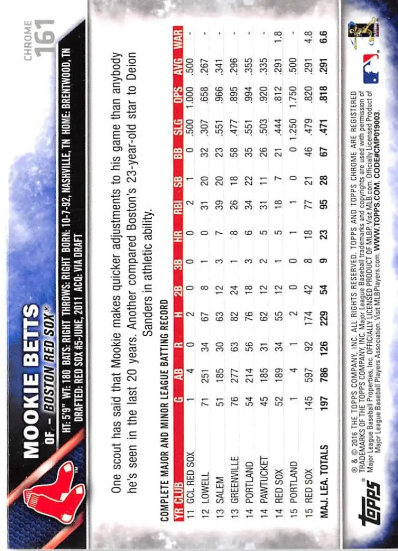 2016 Topps Chrome #161 Mookie Betts NM-MT Boston Red Sox Baseball Card - Baseball Card Single