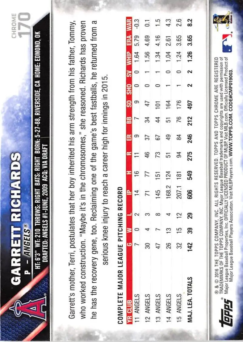 2016 Topps Chrome #170 Garrett Richards NM-MT Los Angeles Angels Baseball Card - Baseball Card Single