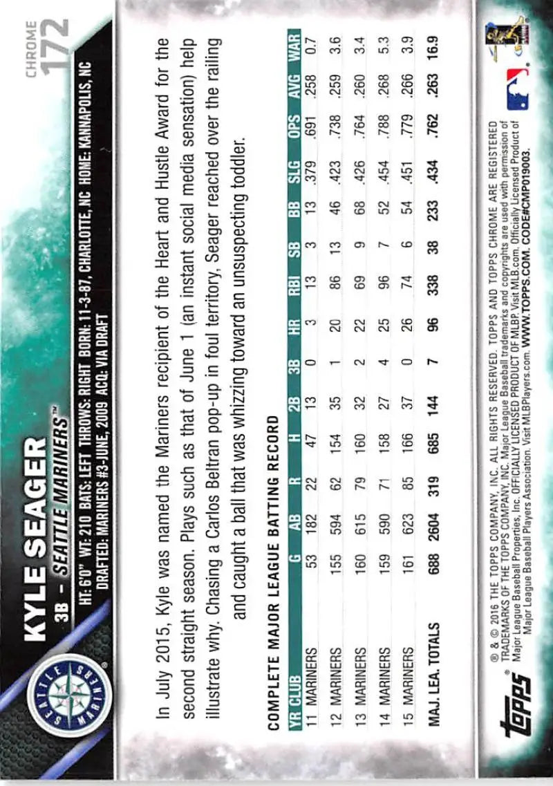 2016 Topps Chrome #172 Kyle Seager NM-MT Seattle Mariners Baseball Card - Baseball Card Single