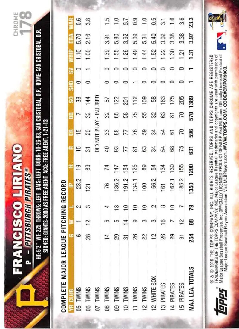 2016 Topps Chrome #178 Francisco Liriano NM-MT Pittsburgh Pirates Baseball Card - Baseball Card Single
