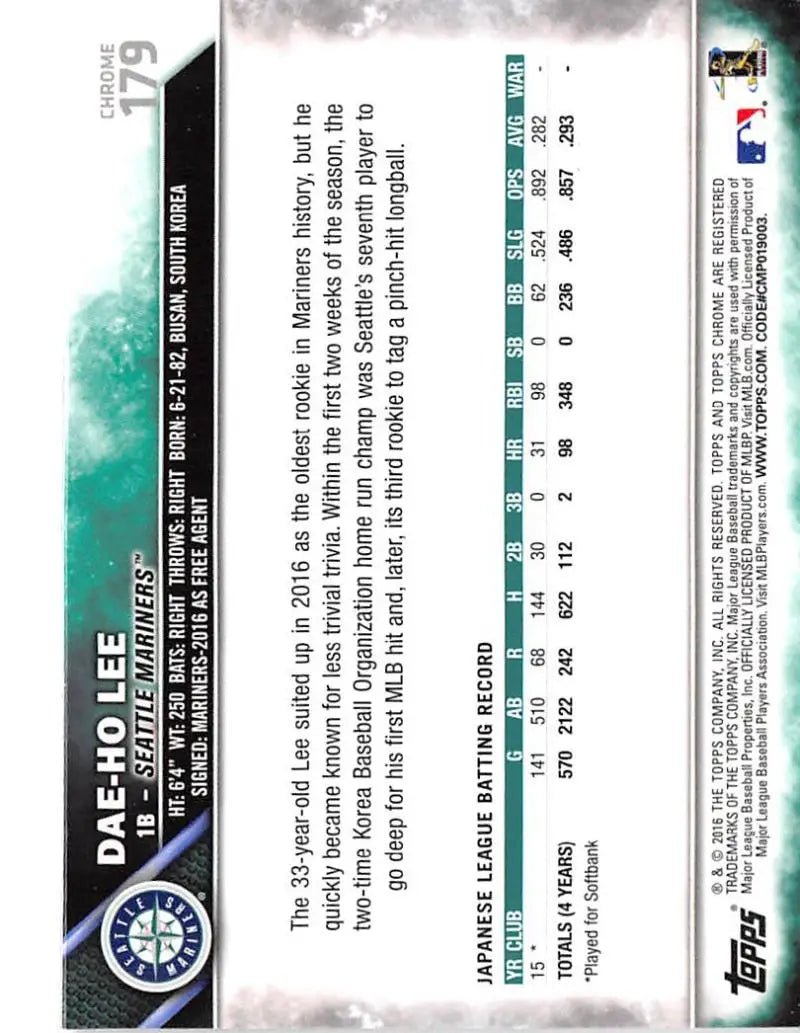 2016 Topps Chrome #179 Dae-Ho Lee NM-MT RC Rookie Seattle Mariners Baseball Card - Baseball Card Single