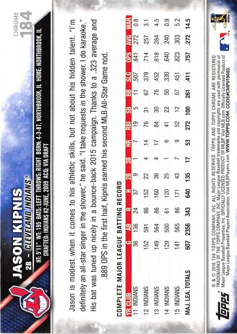 2016 Topps Chrome #184 Jason Kipnis NM-MT Cleveland Indians Baseball Card - Baseball Card Single