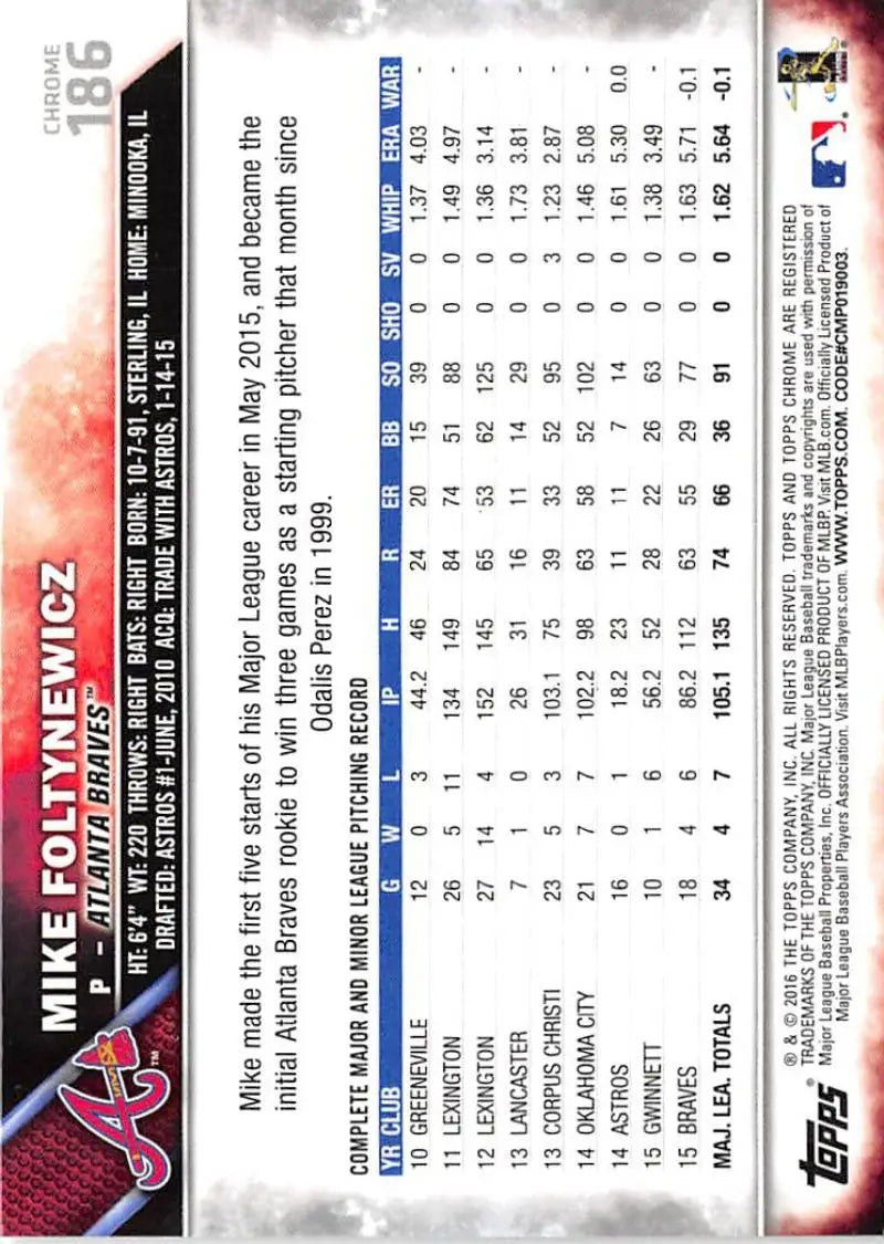 2016 Topps Chrome #186 Mike Foltynewicz NM-MT Atlanta Braves Baseball Card - Baseball Card Single
