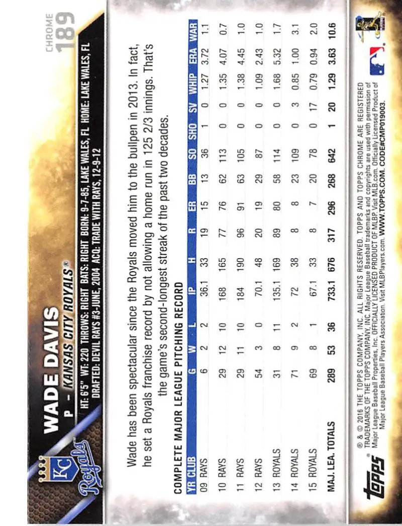 2016 Topps Chrome #189 Wade Davis NM-MT Kansas City Royals Baseball Card - Baseball Card Single
