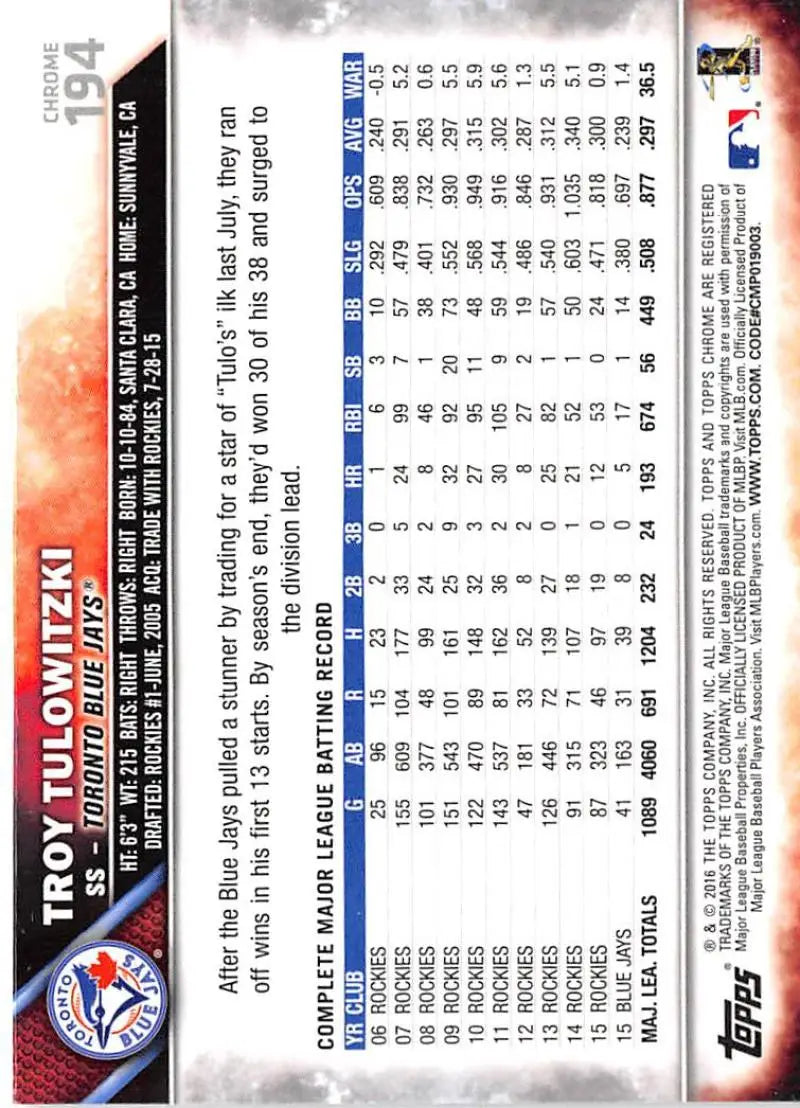 2016 Topps Chrome #194 Troy Tulowitzki NM-MT Toronto Blue Jays Baseball Card - Baseball Card Single