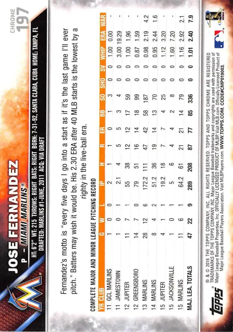 2016 Topps Chrome #197 Jose Fernandez NM-MT Miami Marlins Baseball Card - Baseball Card Single
