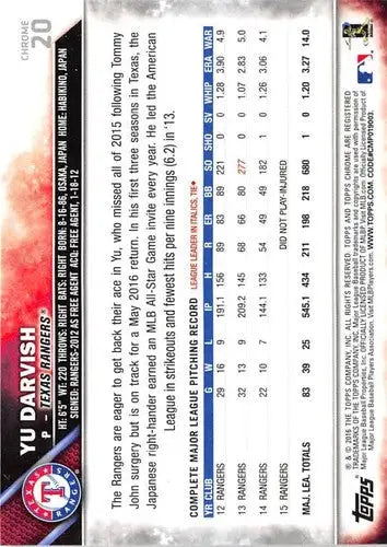2016 Topps Chrome Yu Darvish NM-MT baseball trading card with original gloss Rangers