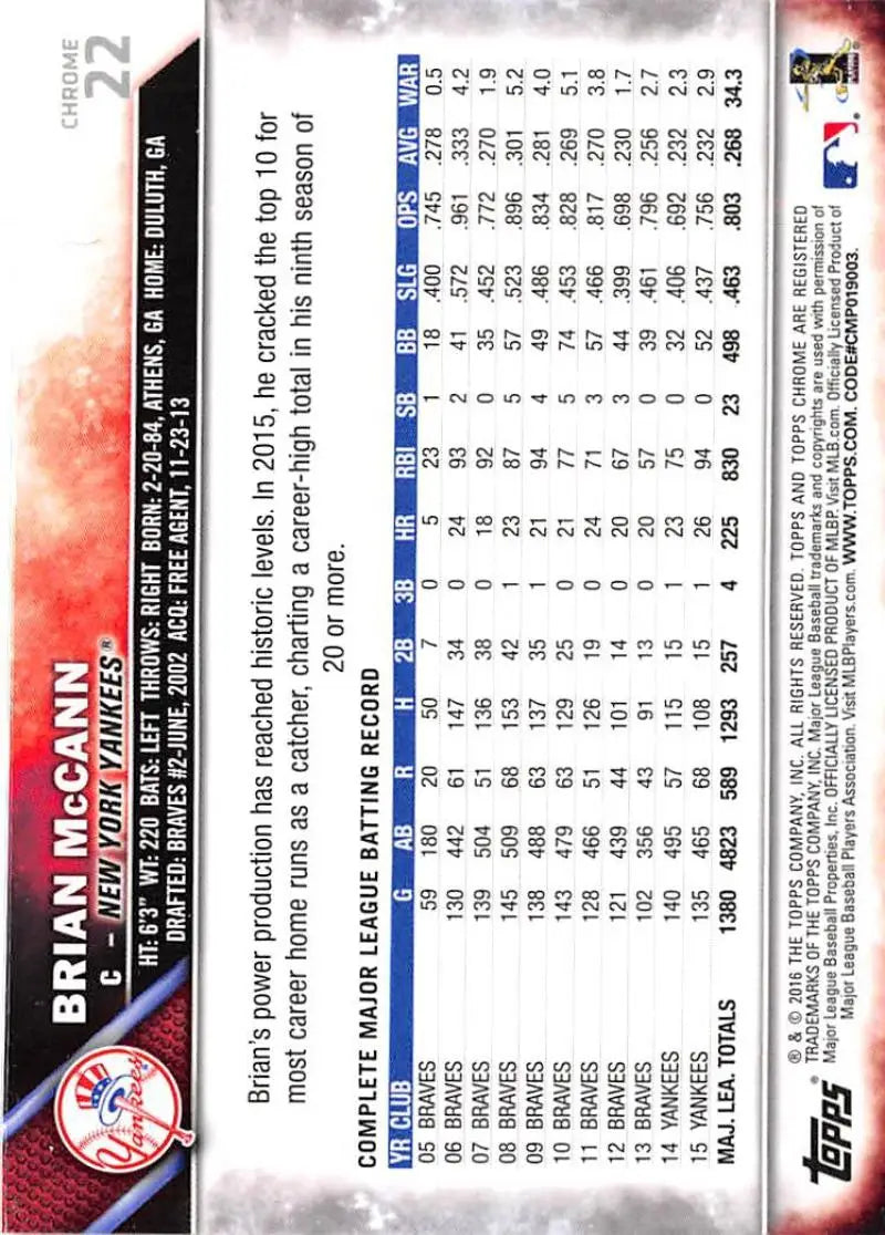 2016 Topps Chrome #22 Brian McCann EX Excellent New York Yankees Baseball Card - Baseball Card Single