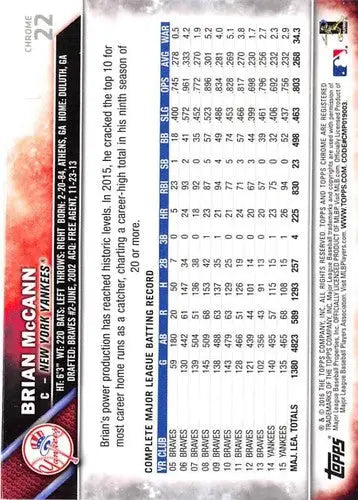 Baseball card back featuring original gloss from Topps Chrome Brian McCann NY Yankees