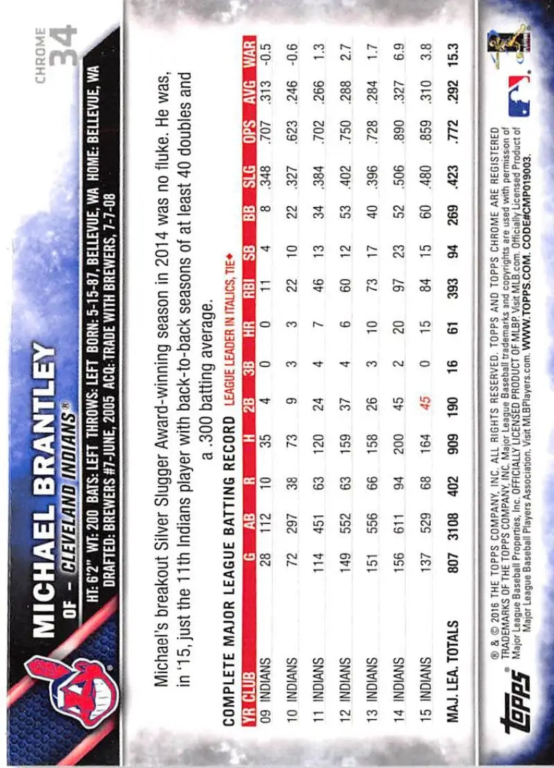 2016 Topps Chrome #34 Michael Brantley EX Excellent Cleveland Indians Baseball Card - Baseball Card Single