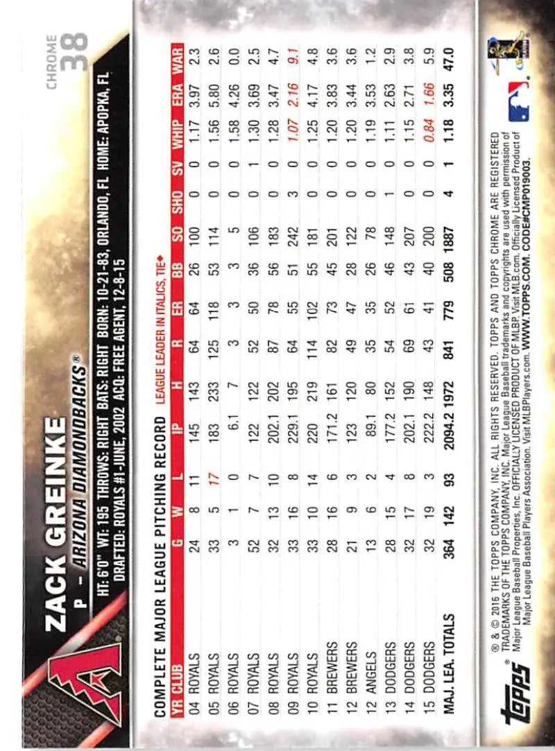 2016 Topps Chrome #38 Zack Greinke NM-MT Arizona Diamondbacks Baseball Card - Baseball Card Single