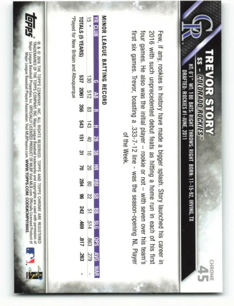 2016 Topps Chrome #45 Trevor Story EX Excellent RC Rookie Colorado Rockies Baseball Card - Baseball Card Single