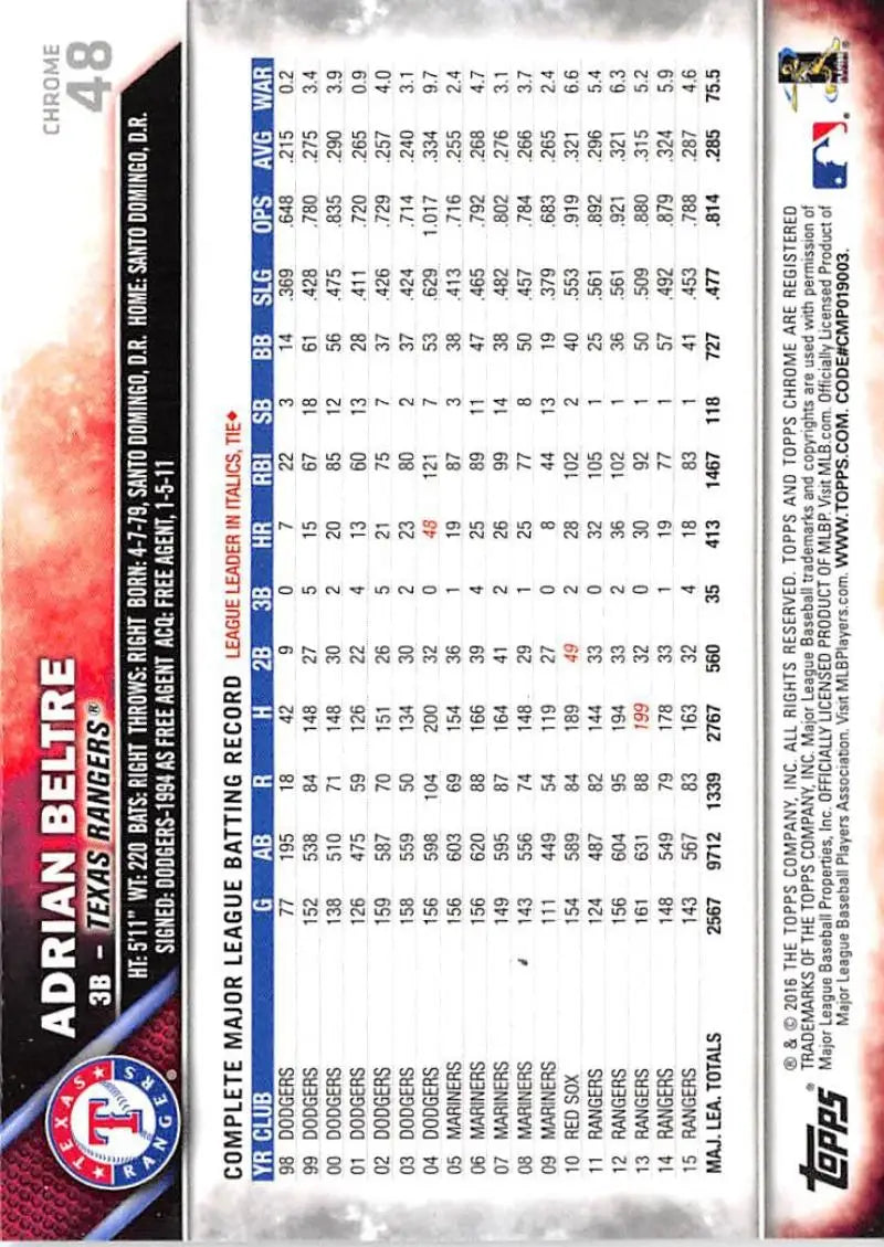 2016 Topps Chrome #48 Adrian Beltre EX Excellent Texas Rangers Baseball Card - Baseball Card Single