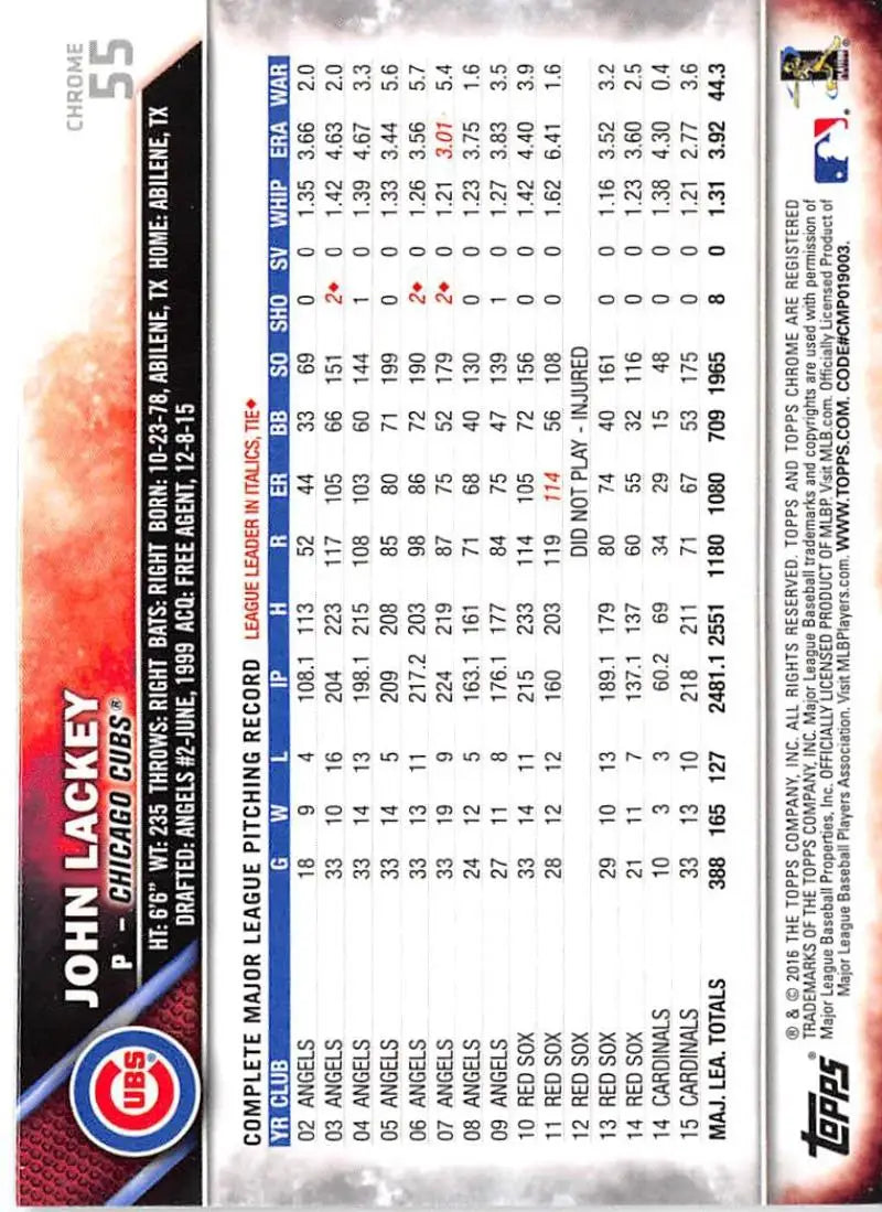 2016 Topps Chrome #55 John Lackey NM-MT Chicago Cubs Baseball Card - Baseball Card Single