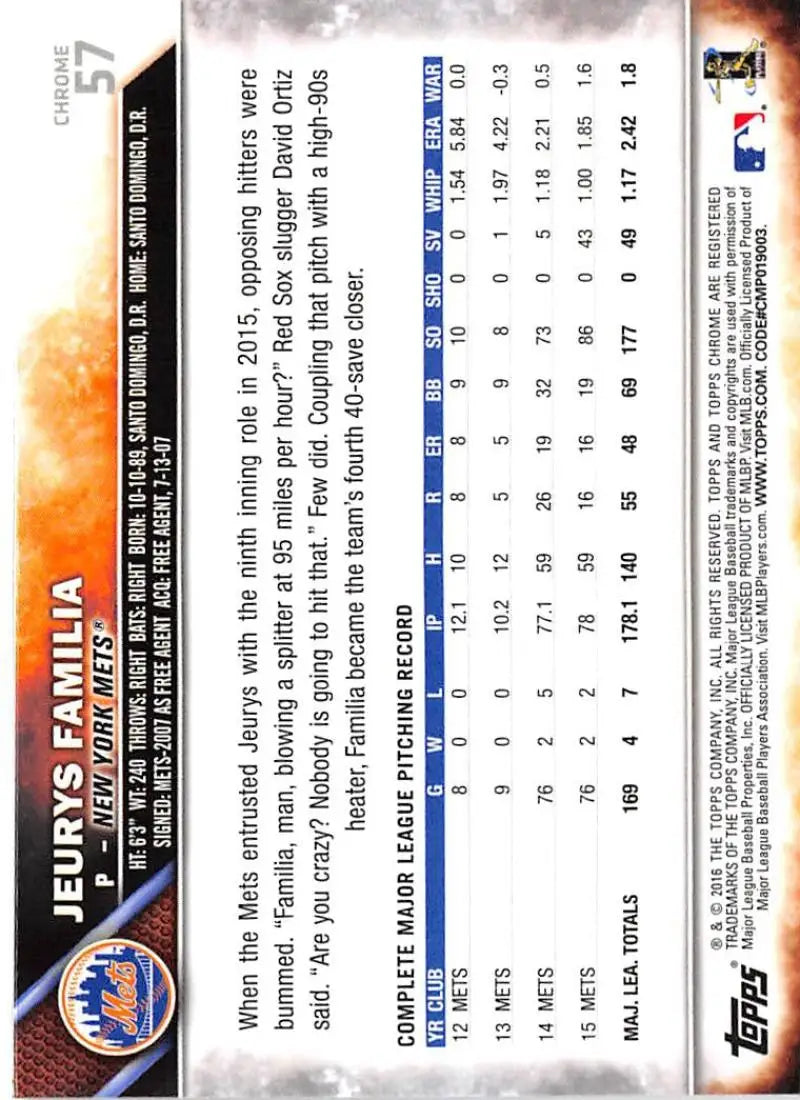 2016 Topps Chrome #57 Jeurys Familia NM-MT New York Mets Baseball Card - Baseball Card Single
