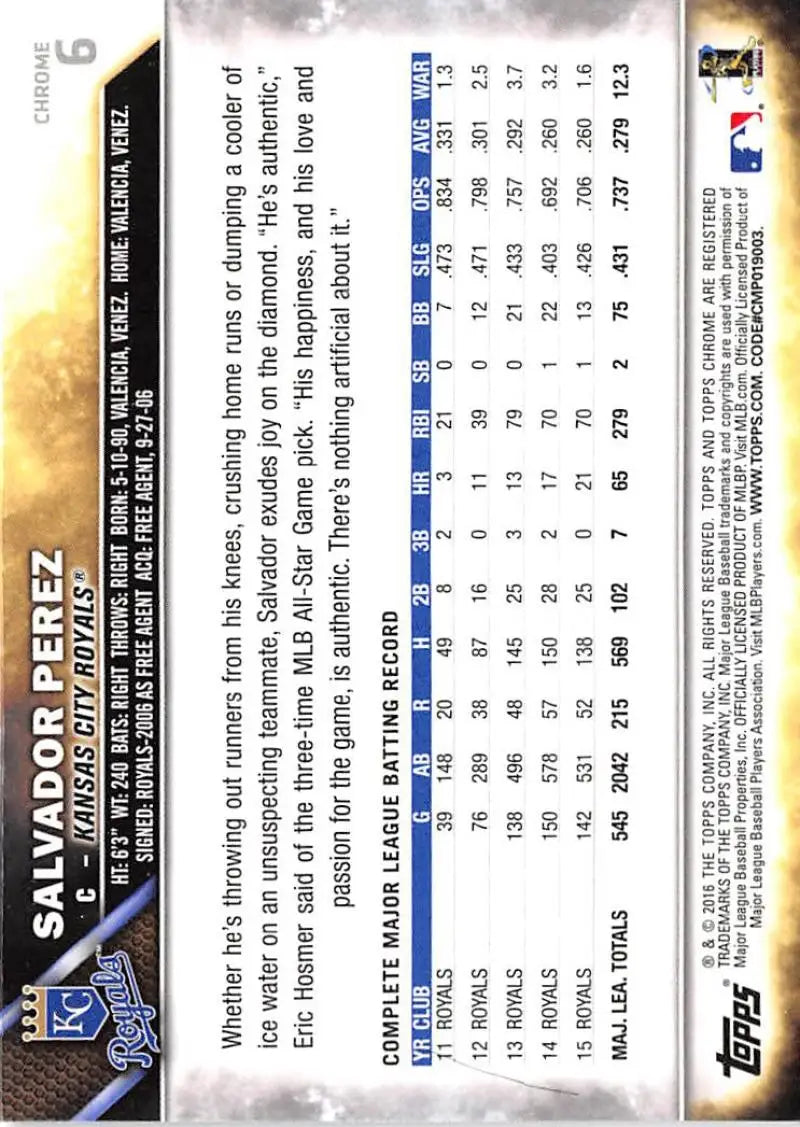 2016 Topps Chrome #6 Salvador Perez NM-MT Kansas City Royals Baseball Card - Baseball Card Single