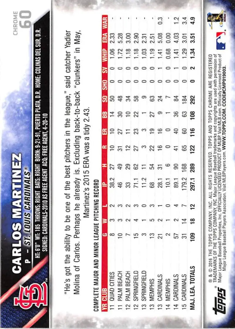 2016 Topps Chrome #60 Carlos Martinez NM-MT St. Louis Cardinals Baseball Card - Baseball Card Single