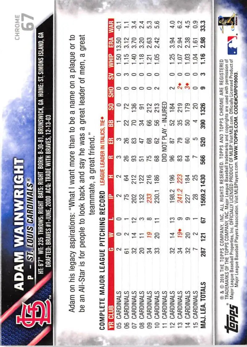 2016 Topps Chrome #67 Adam Wainwright EX Excellent St. Louis Cardinals Baseball Card - Baseball Card Single