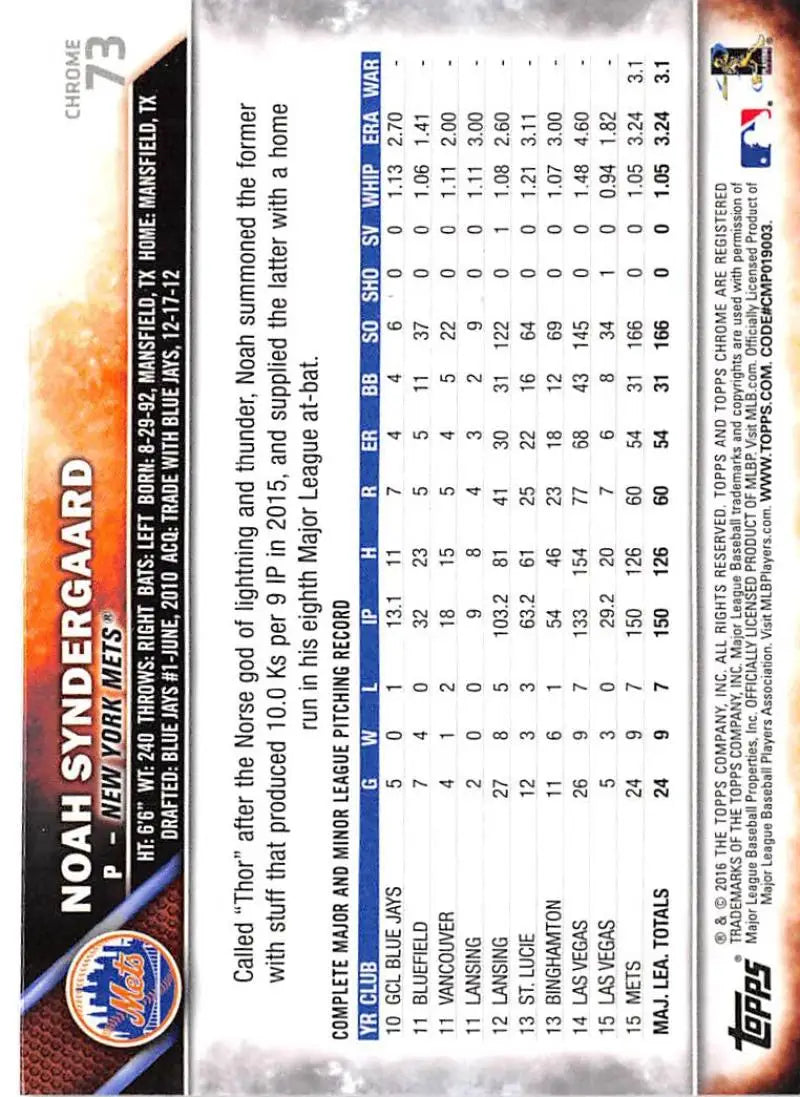 2016 Topps Chrome #73 Noah Syndergaard EX Excellent New York Mets Baseball Card - Baseball Card Single