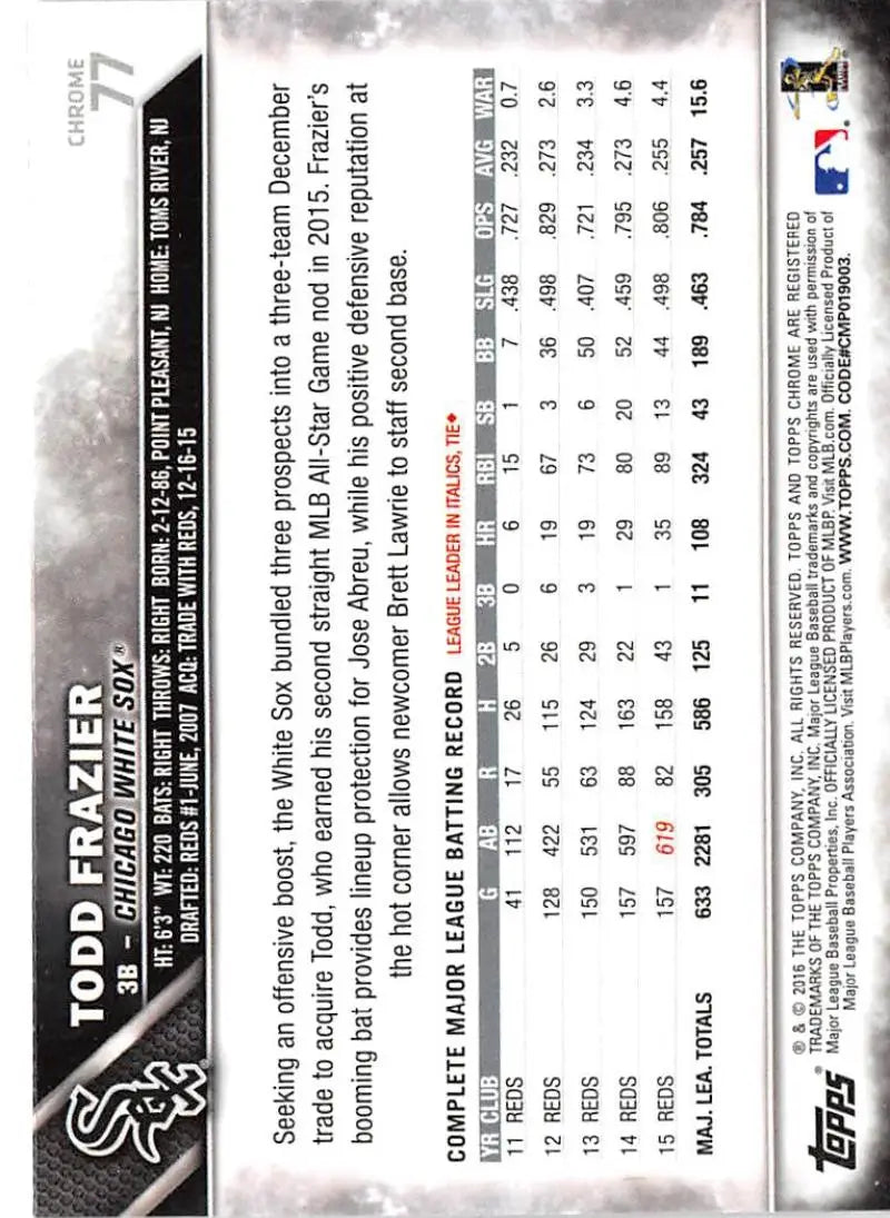 2016 Topps Chrome #77 Todd Frazier NM-MT Chicago White Sox Baseball Card - Baseball Card Single