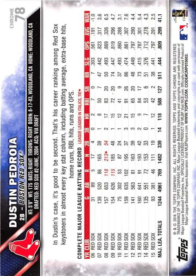 2016 Topps Chrome #78 Dustin Pedroia NM-MT Boston Red Sox Baseball Card - Baseball Card Single
