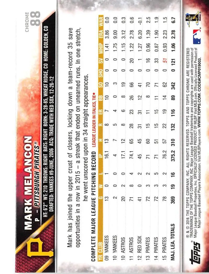 2016 Topps Chrome #88 Mark Melancon EX Excellent Pittsburgh Pirates Baseball Card - Baseball Card Single