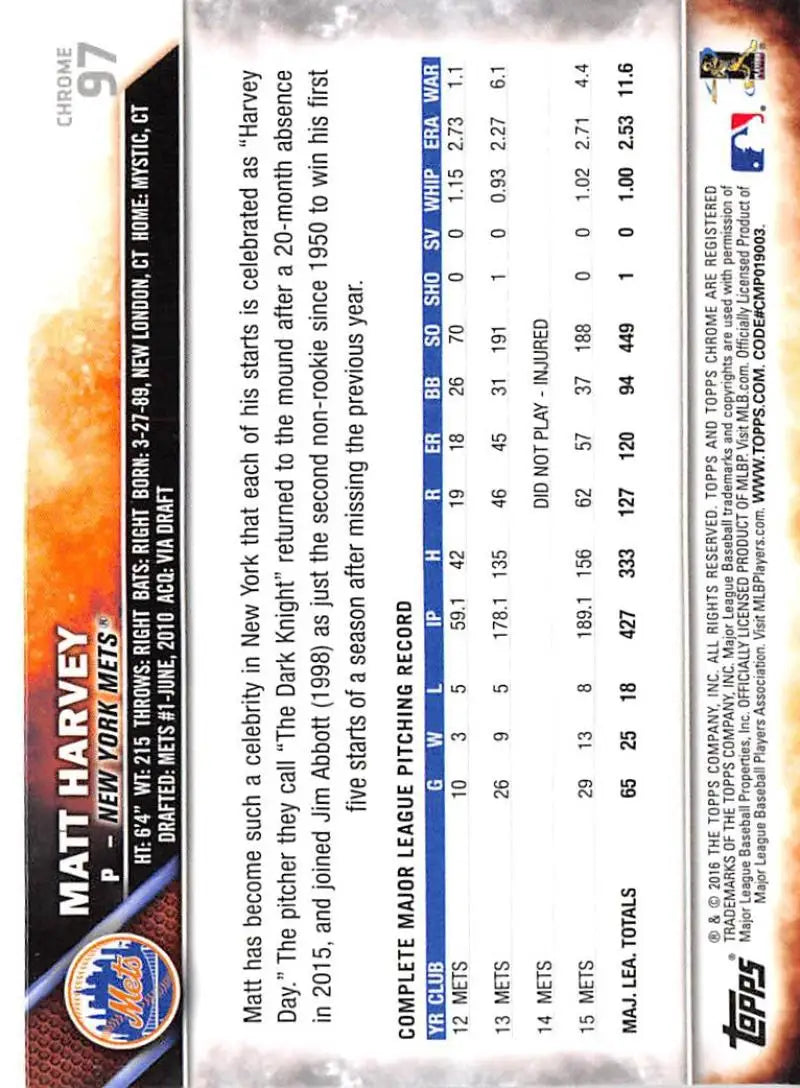 2016 Topps Chrome #97 Matt Harvey EX Excellent New York Mets Baseball Card - Baseball Card Single